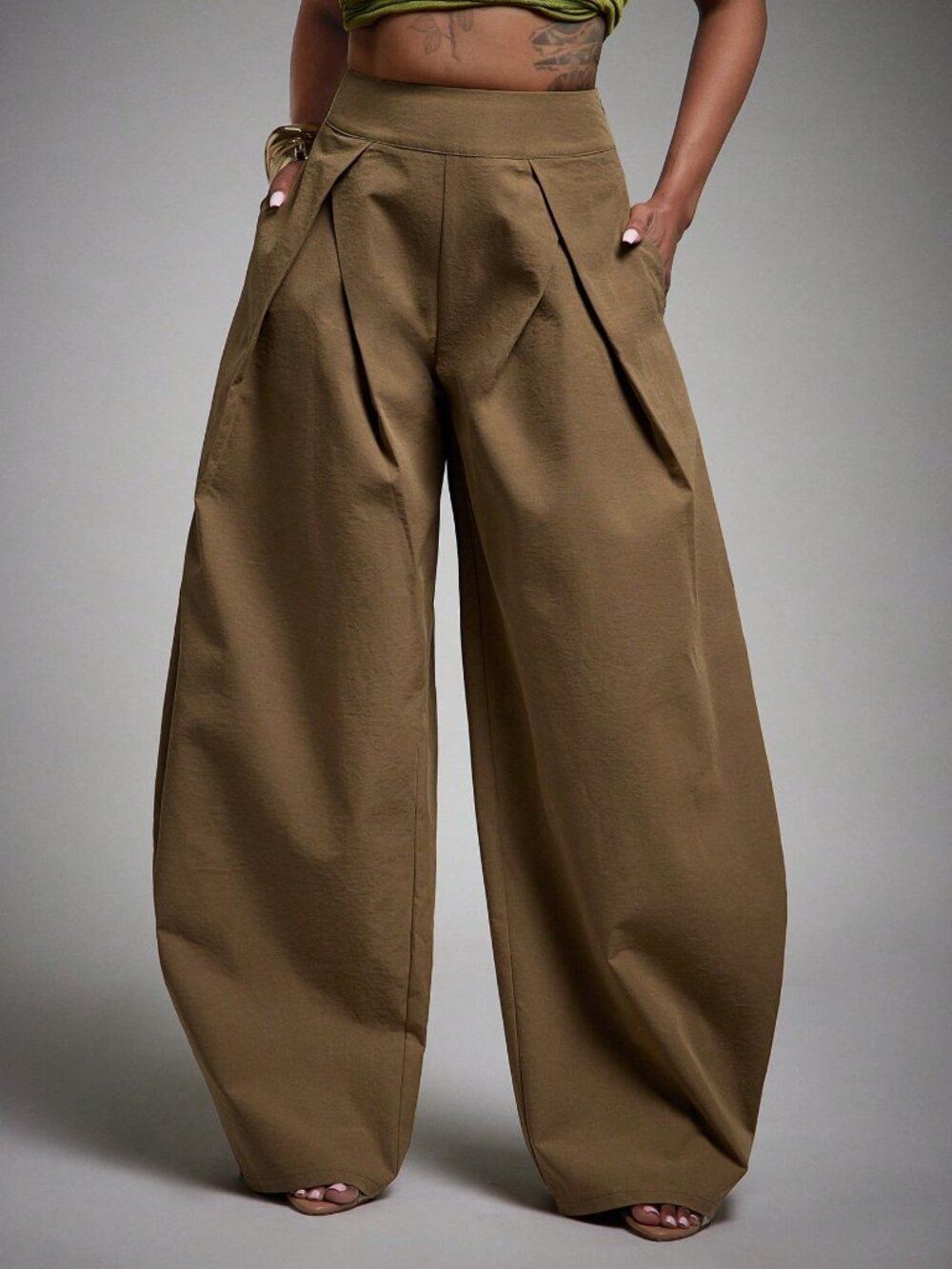 Brown Elegant Women's Draped High Waist Loose Extra Long Plain Trousers
